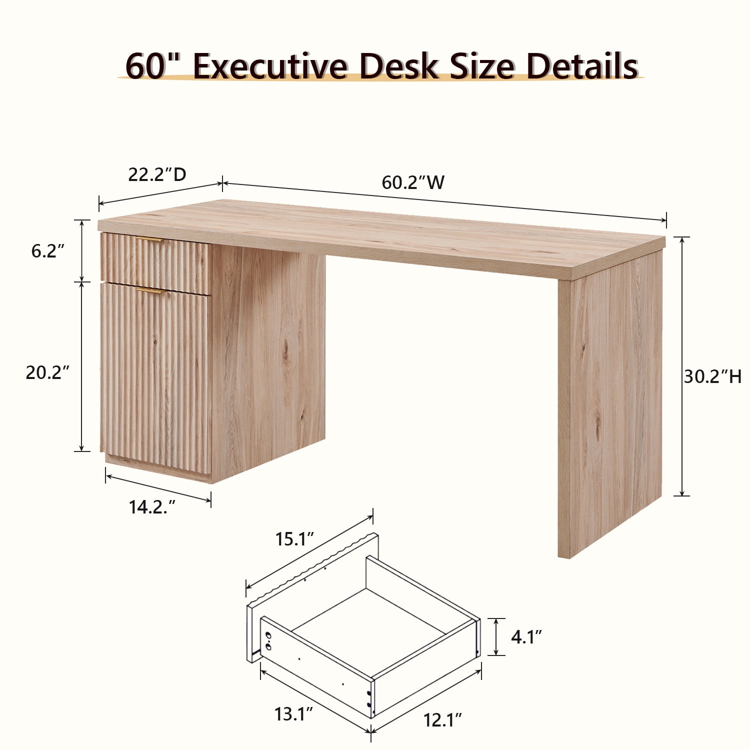 IFMust 60" Home Office Desk with Storage Drawer & Cabinet, Modern Executive Desk with Charging Station, Fluted Computer Desk for Study, Living Room, Oak