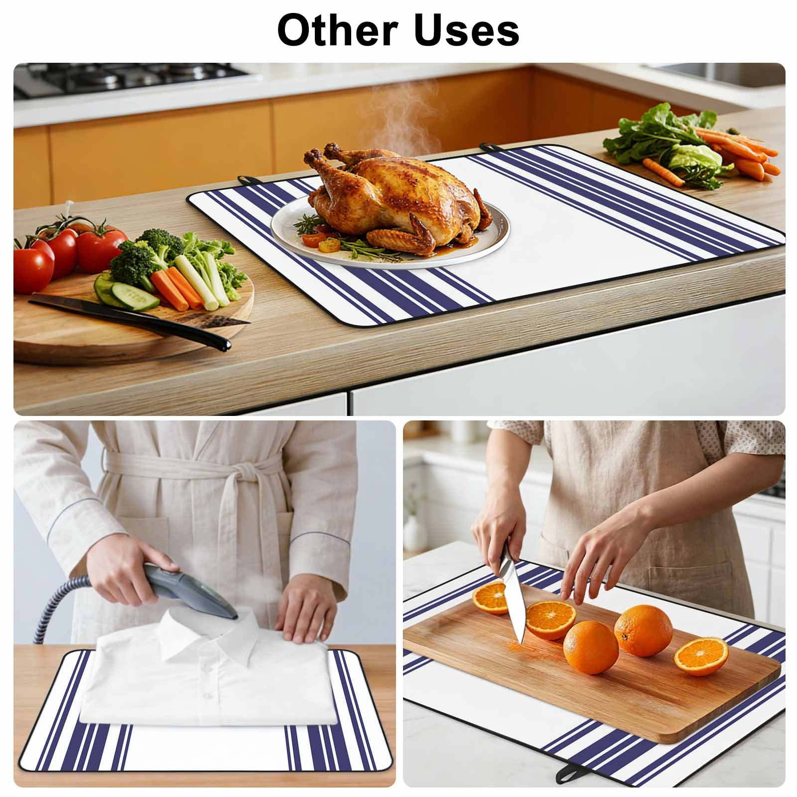 Navy Blue Striped Stove Top Cover for Electric Stove, Heat-proof & Non Slip Glass Top Stove Cover Protector, Modern White Striped Abstract Art Aesthetics Kitchen Flat Cooktop Rubber Mat 31x24 Inches