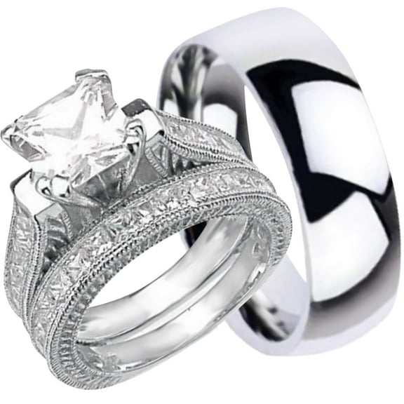 His and Hers Wedding Ring Set Matching Trio Wedding Bands Titanum for Him Sterling Silver for Her (6/13)