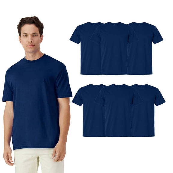 Gildan Light Cotton Men Crewneck T-Shirt, Short Sleeve Modern Classic Fit 6 Pack Navy Tee Bulk, L