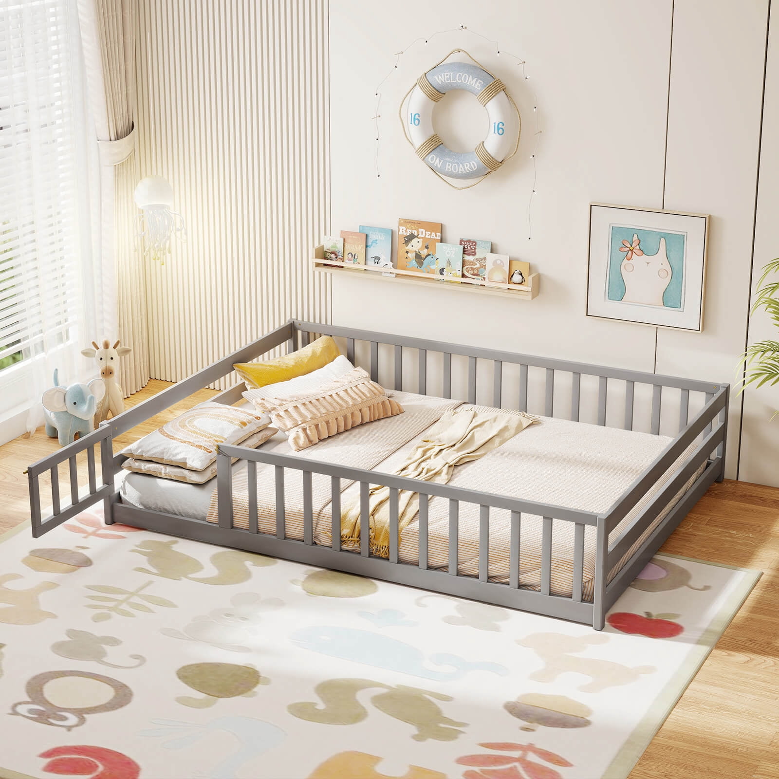 Costway Full Size Floor Bed with Full Length Safety Guardrails & Door for Boys, Girls Gray