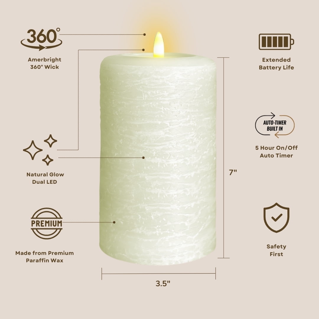 LumiPur Signature Natural Glow Flickering Flameless LED Wax Pillar Candle (3.5" x 7", Linen White)