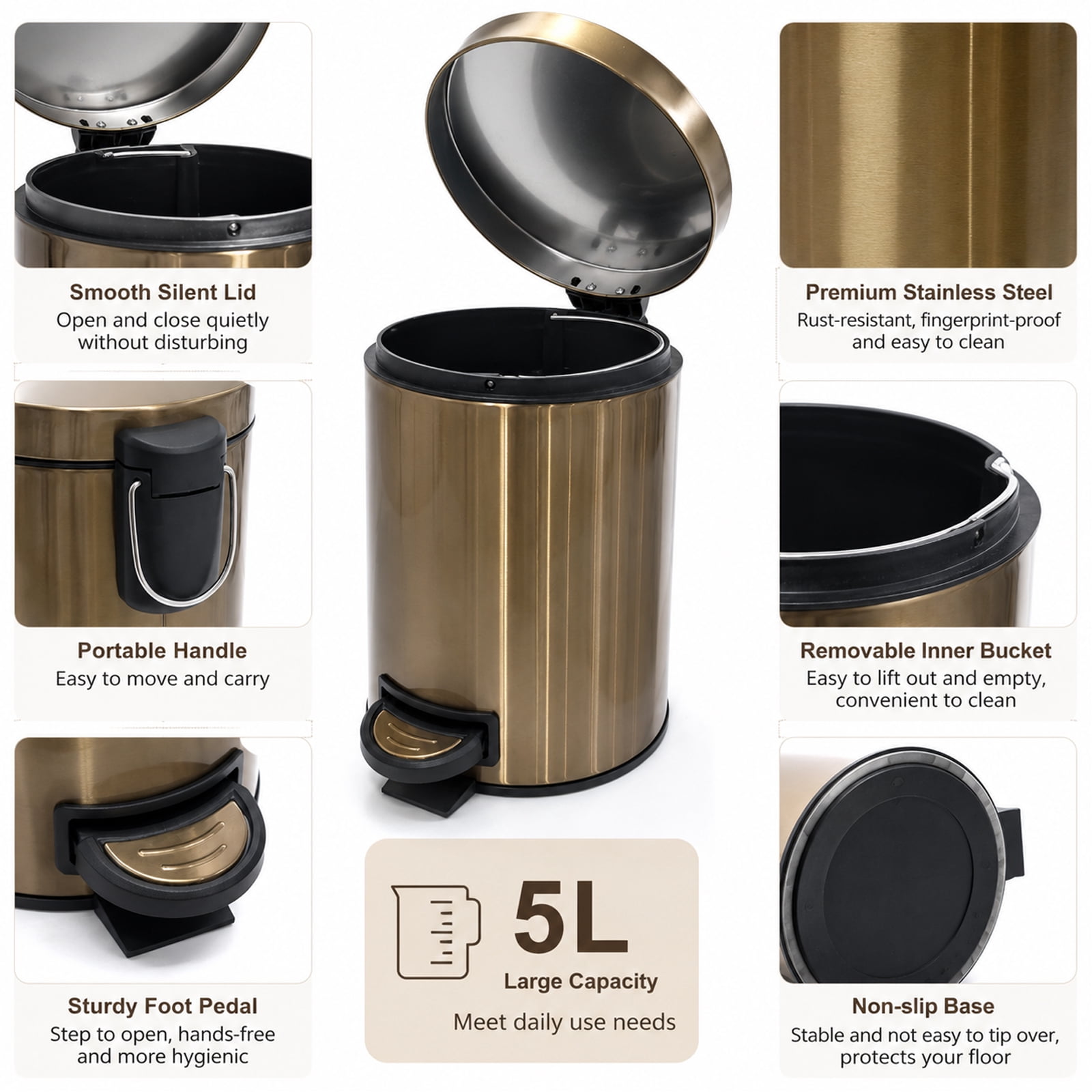 Koomade 2 Pack Bathroom Kitchen Trash Can, 1.3 Gallon Stainless Steel Step Round Garbage Bin, Gold