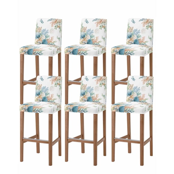 Beach Coastal Bar Stool Covers Set of 6, Summer Nautical Coral Shell Botanical Stretch Washable Bar Chair Covers with Backs, Removable Pub Counter Height Chair Cover for Kitchen Dining Room Cafe