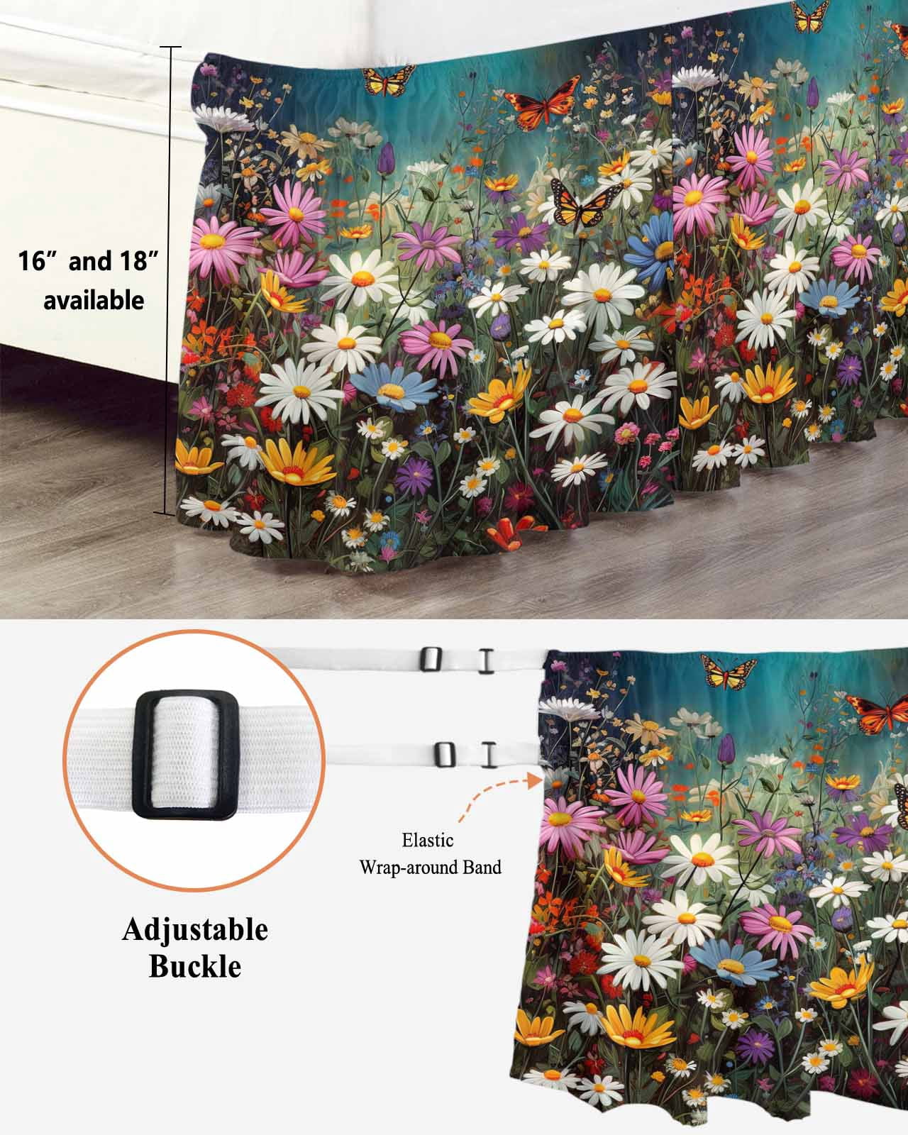 Spring Floral Bed Skirt Queen Size, Colorful Daisy Summer Botanical Butterfly Wrap Around Bed Skirting with Adjustable Elastic Strap, Dust Ruffle Pleated Bedskirts 16 Inch Drop for Bedroom Queen Beds