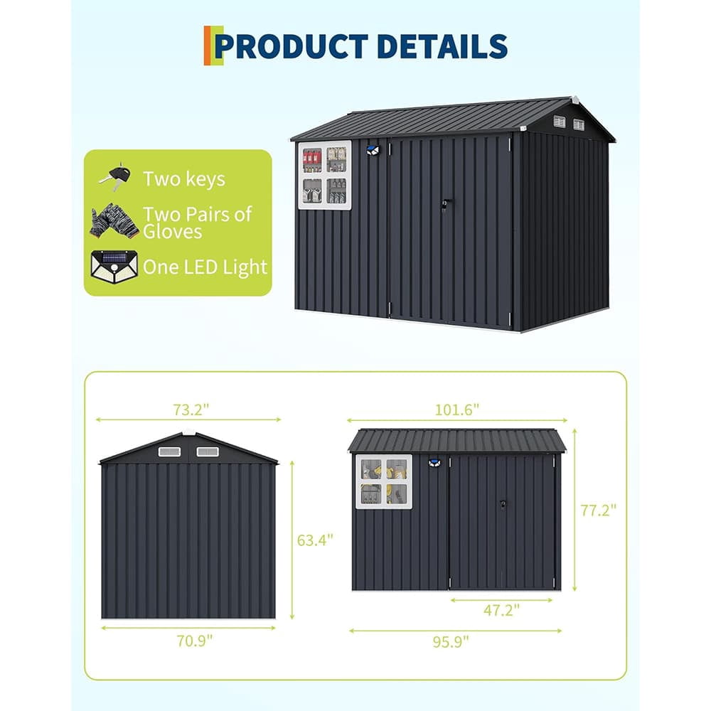 EastVita 8 x 6 ft Outdoor Metal Storage Shed with Windows and Lockable Doors Heavy-Duty Garden Tool Shed Dark Gray