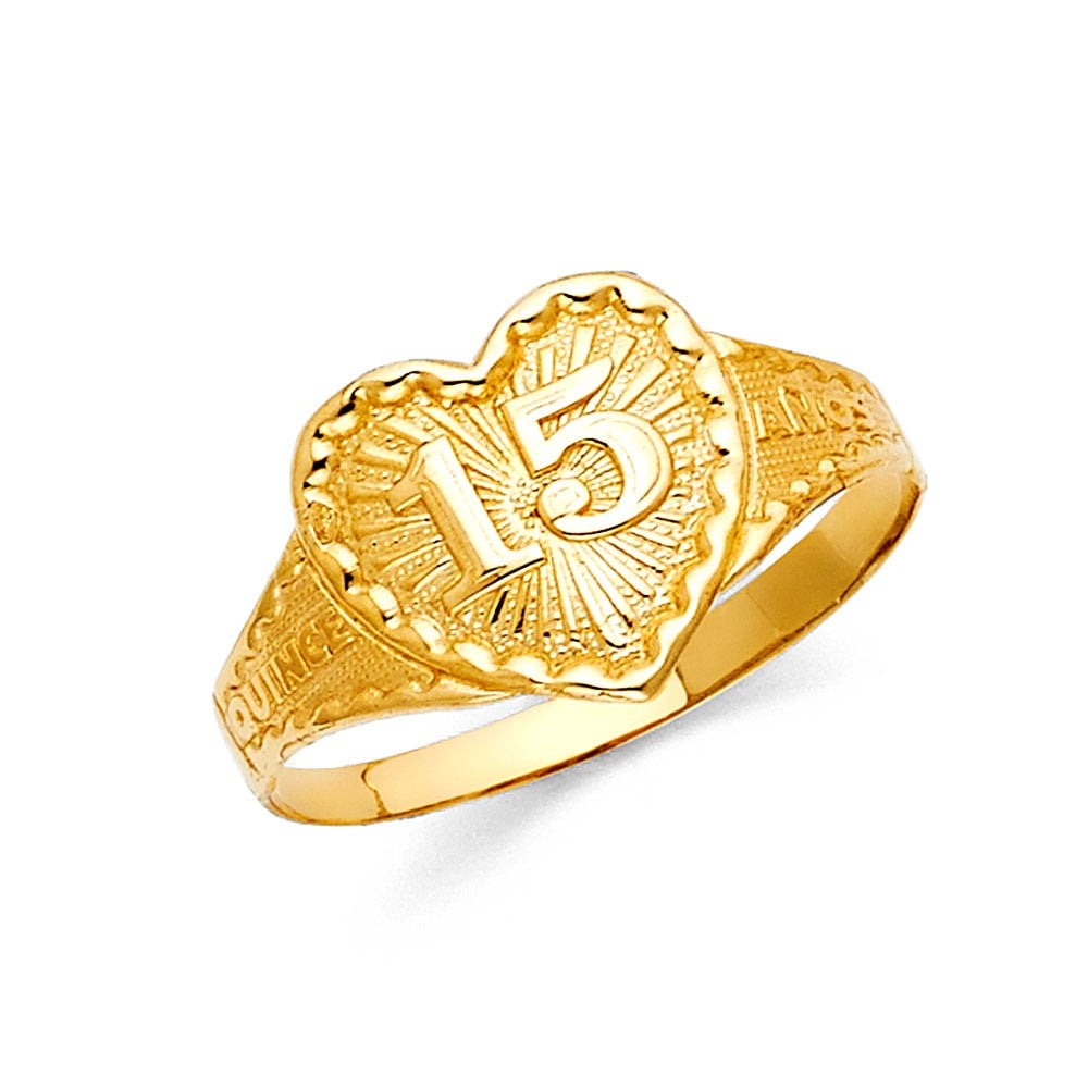 5 Jewel Tie Solid 14k Yellow Gold 15 Years Birthday Heart Quince Anos Ring Size