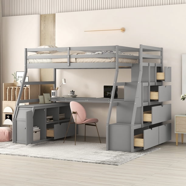 Bellemave Twin Size Loft Bed with Stairs and Desk, Wooden High Loft ...