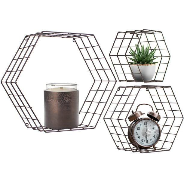 Metal Wire Hexagon Design Wall Mounted Floating Shelves, Set of 3