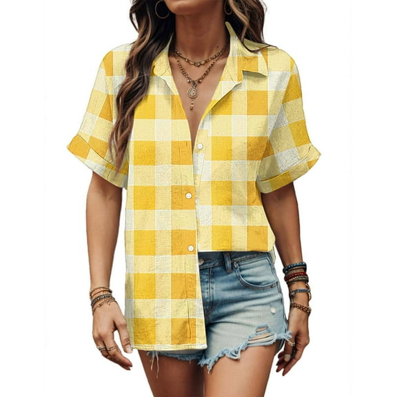 Fartey Womens Summer Plaid Tops Dressy Casual Button Down Shirts Fashion Elegant Lapel T Shirts Loose Fit Short Sleeve Tshirt Plus Size Beach Vacation Blouses Multicolor S-5XL