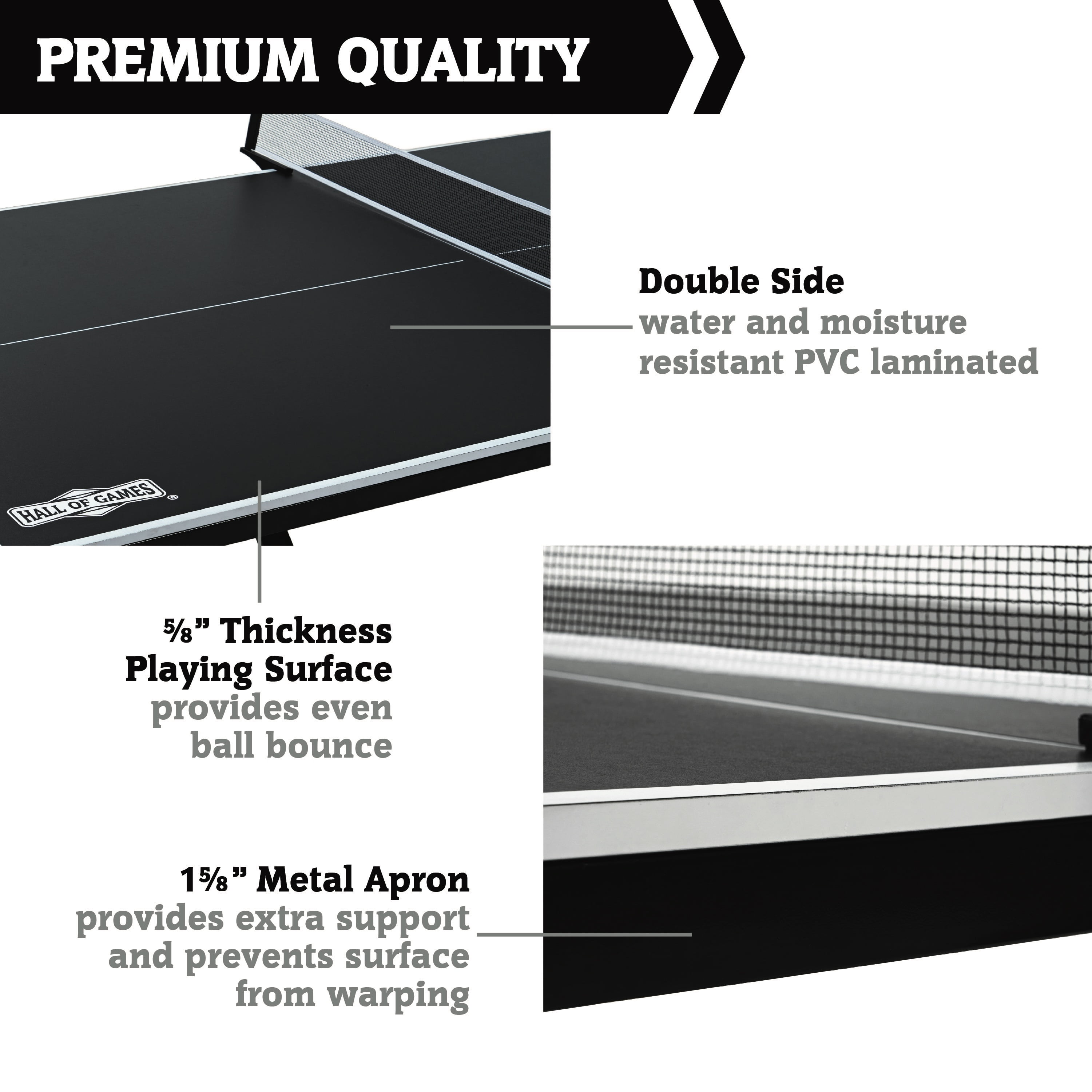 Hall of Games Official Size Ping Pong Table Tennis Table, Space Saving No Assembly Design with Accessories, Black/White