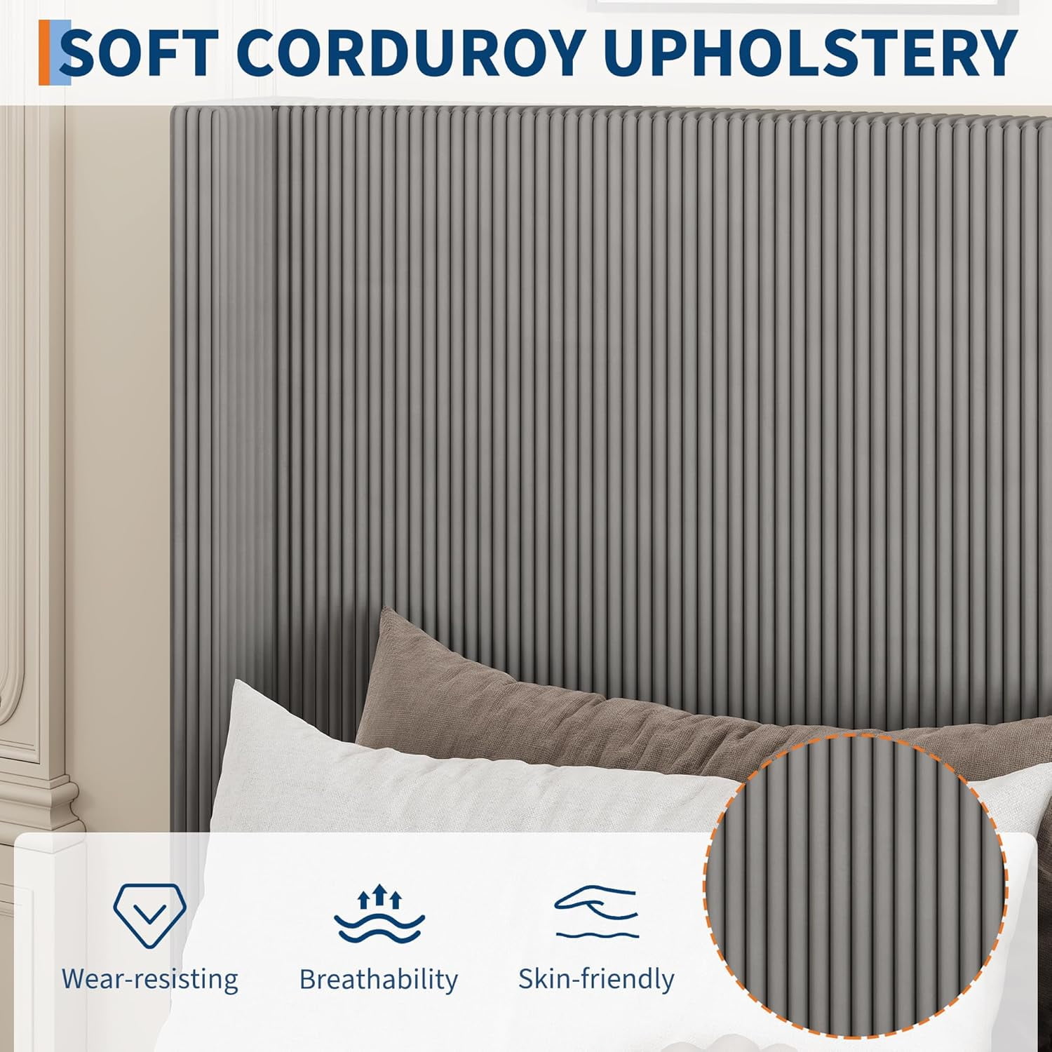 Queen Size Upholstered Platform Bed Frame with Storage Drawers, Corduroy Wingback with Tufted Headboard and Footboard, No Box Spring Needed, Grey