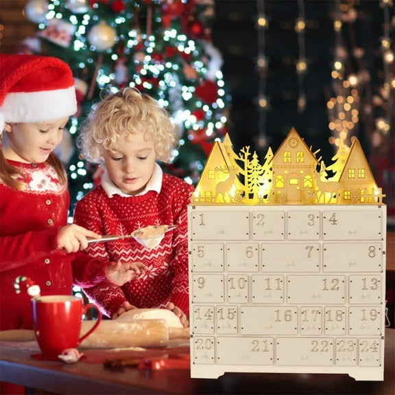 MXTPOV New Wooden Christmas Advent Calendar with 24 Drawers LED Countdown Calendar Lights Up DIY Advent Calendar Empty Box Holiday Christmas Decoration