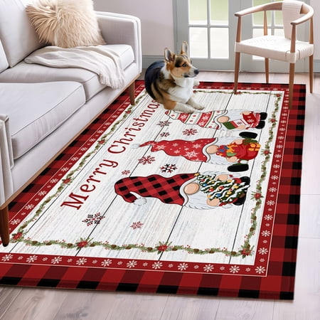 Area Rug 3x5ft Christmas Gnome Red Black Plaid Snowflake Area Rugs Washable Low Pile Floor Carpet for Bedroom Vintage Wood Board Non Slip Soft Rugs for Living Room Entryway Dining Room