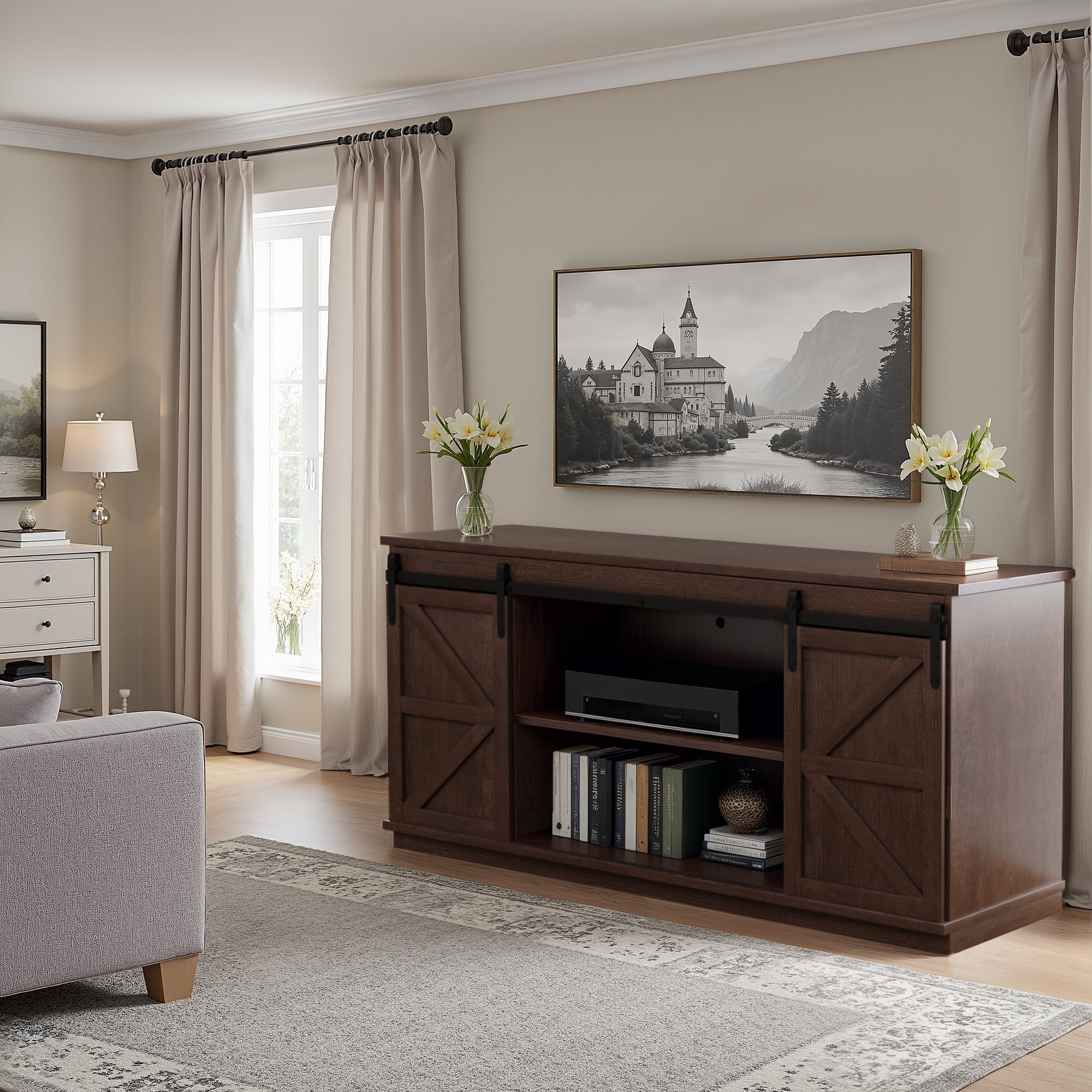 Vineego 58 inch Farmhouse TV Stand and Entertainment Center for Televisions,with Sliding Barn Doors and Storage Cabinets,Chocolate
