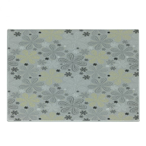 Grey and Yellow Cutting Board, Bohem Style Paisley Print Flowers Dots Art Image, Decorative Tempered Glass Cutting and Serving Board, Small Size, Pale Grey White, by Ambesonne