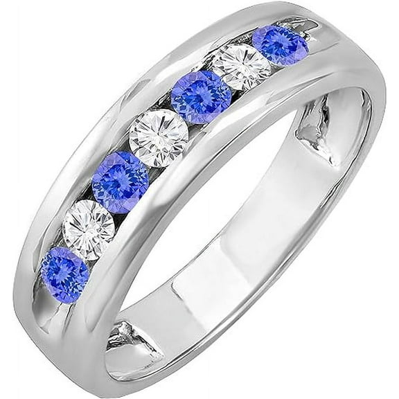Divine Creation 925 Sterling Silver 1.22 Ct Round Cut Blue Tanzanite & Diamond Wedding Engagement Half Band Ring 14K White Gold Finish For Men's -6.5