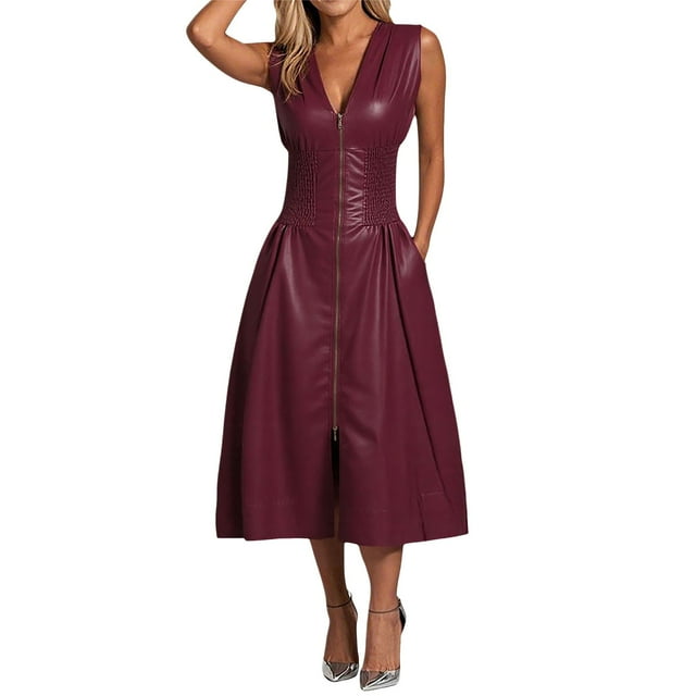 Robe Sans Manches en Cuir à Fermeture Éclair pour Femmes - Décontractée pour les Vacances, Couleur Unie, Design Élégant