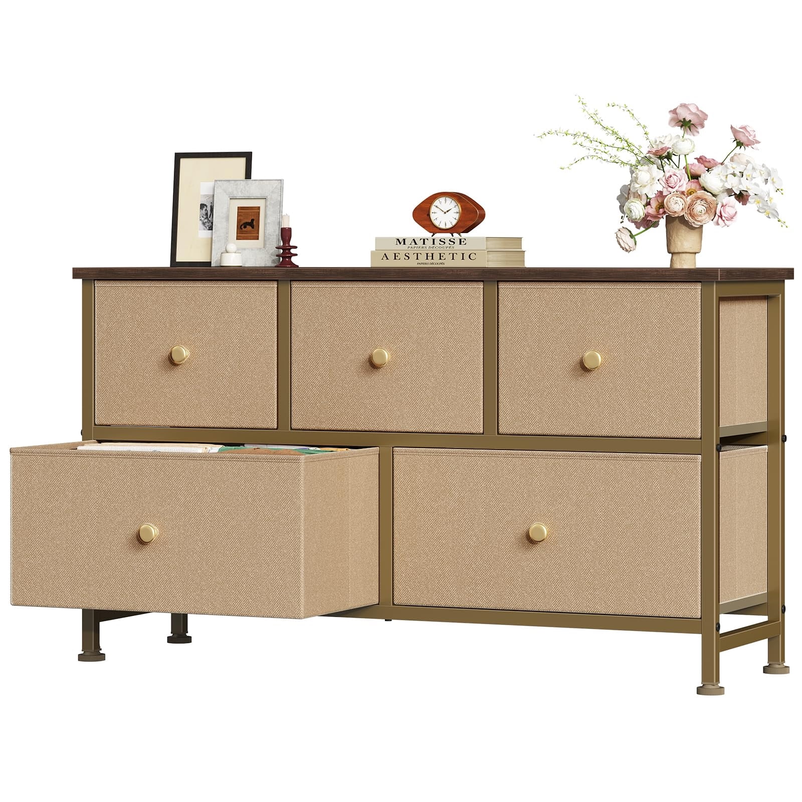 Telyra 5-Drawer Fabric Dresser TV Stand Organizer with Wood Top and Metal Frame, Khaki