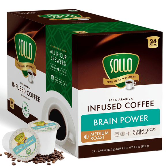 SOLLO Brain Power Medium Roast Coffee Pods with MCT, Acai & Vitamins - Improves Memory & Focus Compatible with 2.0 K-Cup Keurig Brewers, 24 Ct