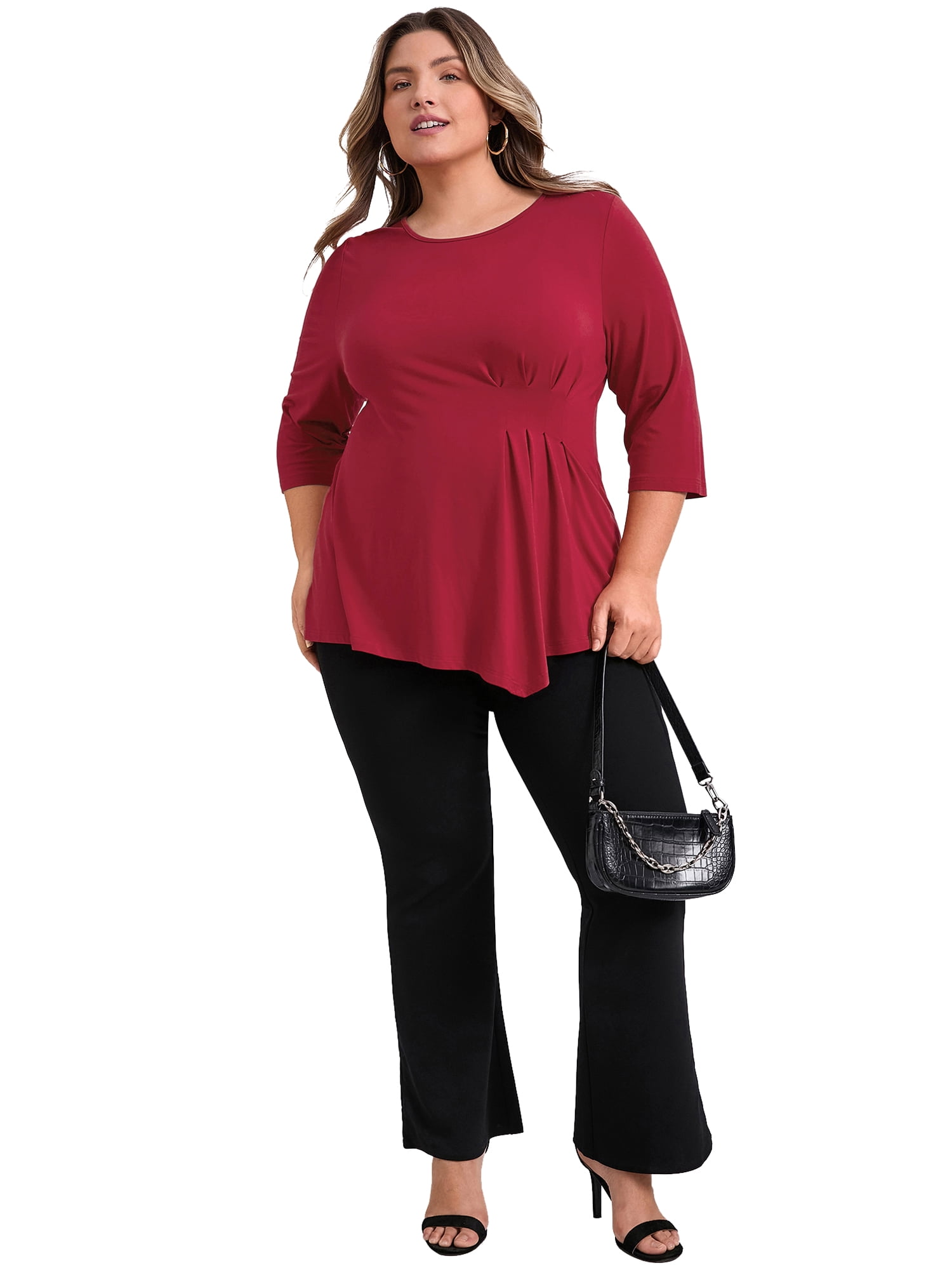 DARING DIVA Women's Plus Crew Neck 3/4 Sleeve Waist Pleated Blouse 4X Red