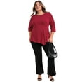 thumbnail image 2 of GRACE & GRANDEUR Women's Plus Size Tops Waist Pleated 3/4 Sleeve Loose Fit Crew Neck Asymmetric Hem Casual Blouses 2X Red, 2 of 5