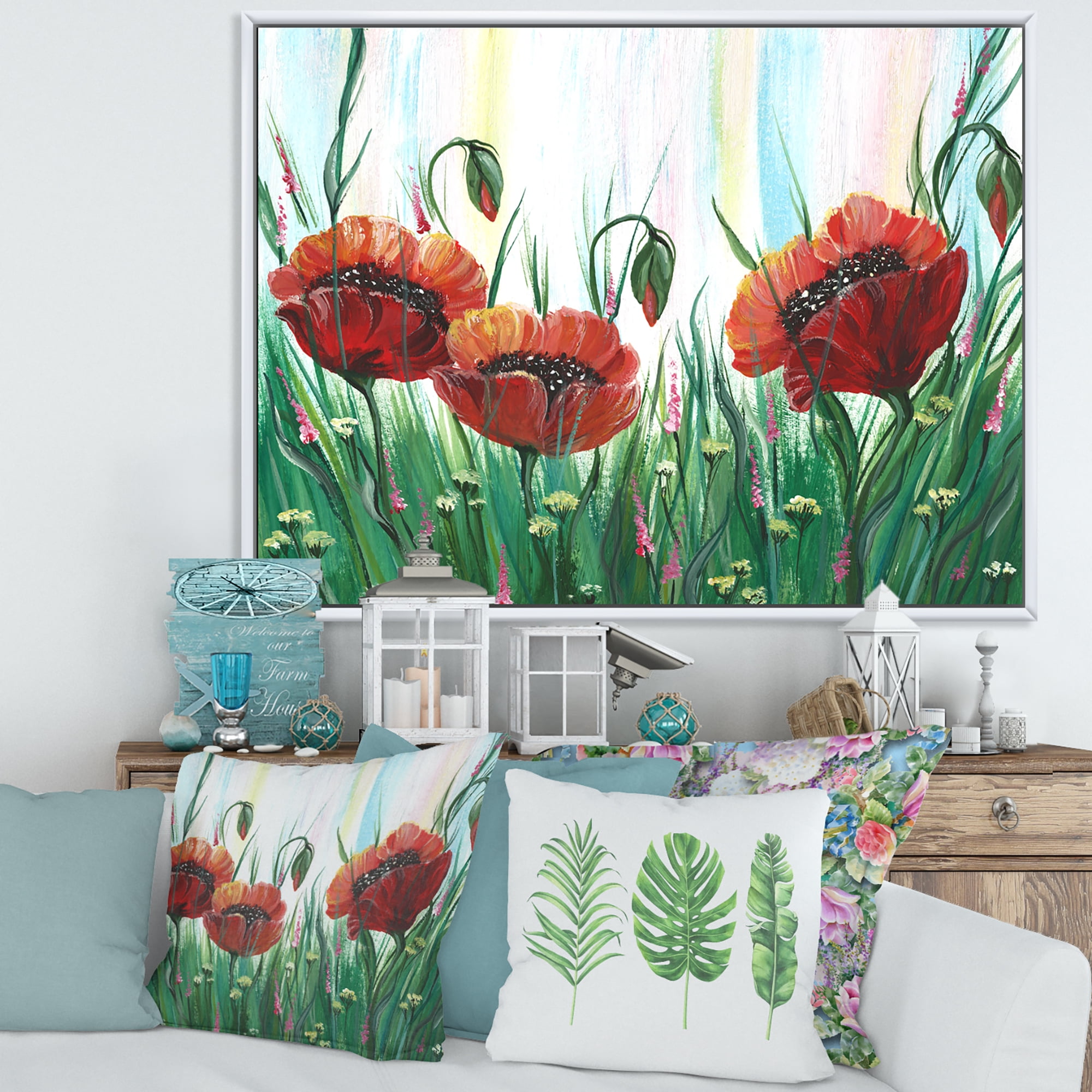 Designart 'Three Red Bright Poppy Flowers On A Green Meadow' Traditional Framed Canvas Wall Art Print