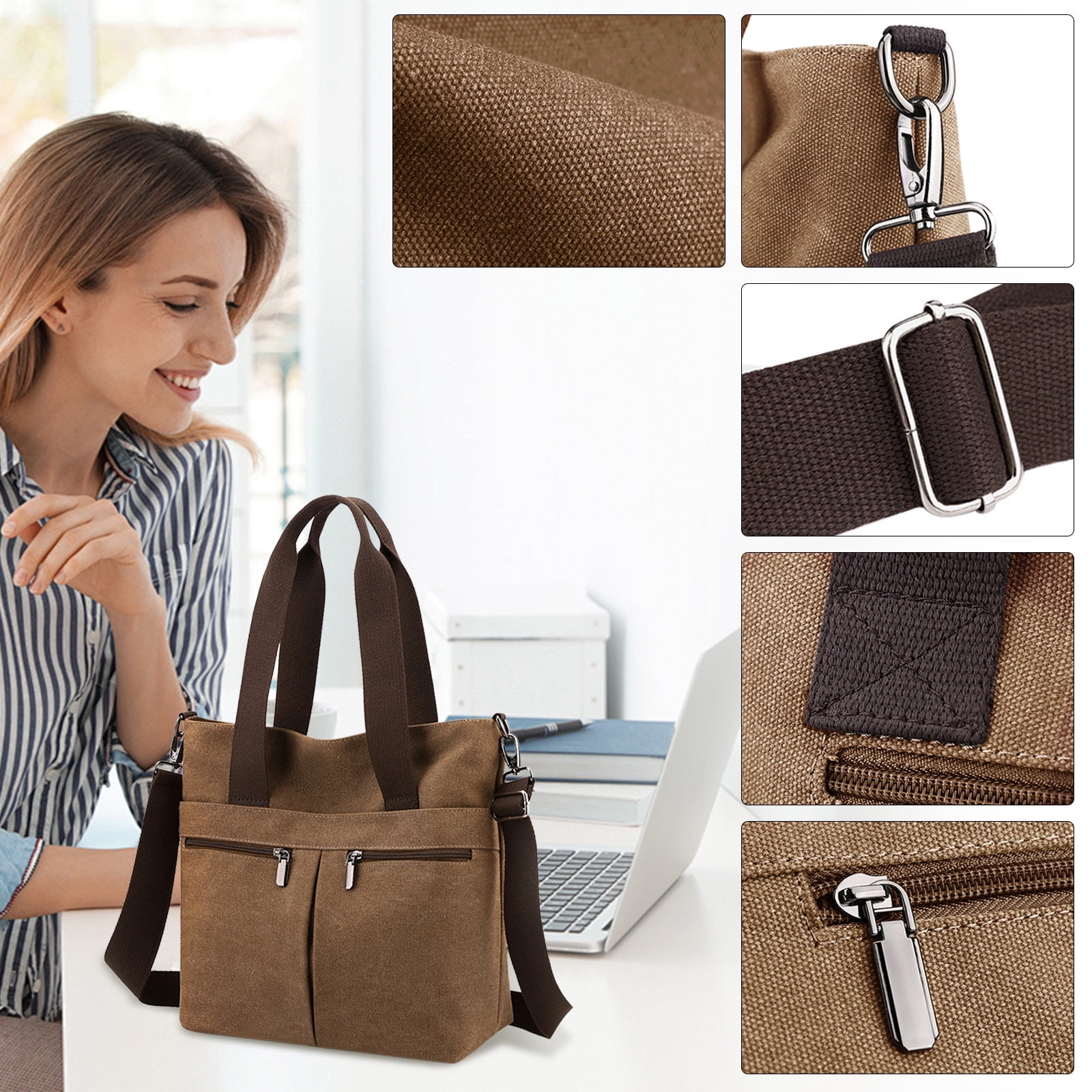 URSOFINE Women's Handbag Canvas Tote Bag Stylish Ladies Purse Lightweight Crossbody with Multi-Pocket & Adjustable Strap Durable Hobo Bags for Work Travel College Shopping Commuting Everyday Use