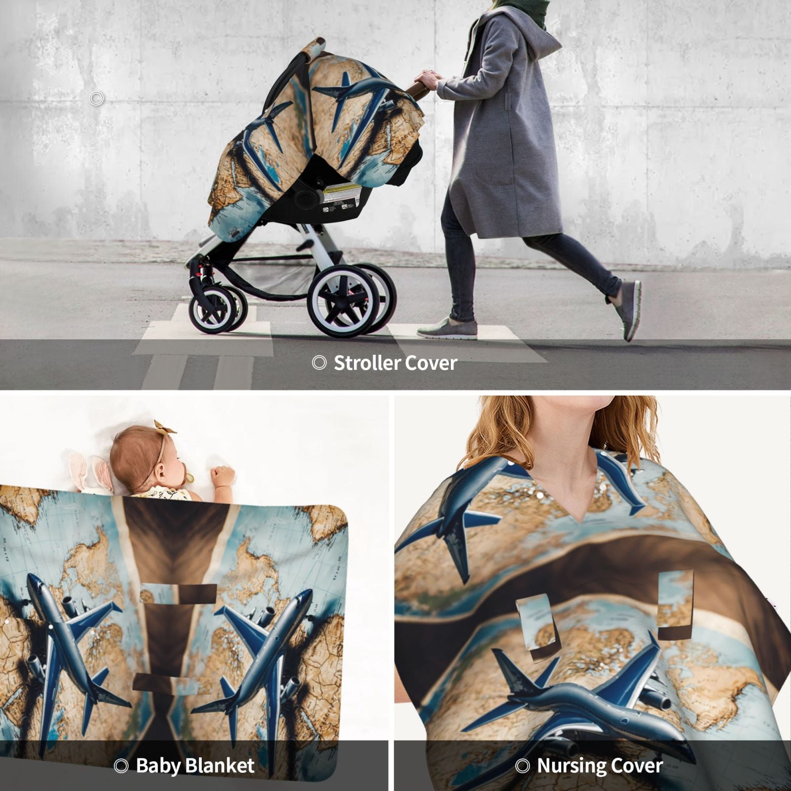 Car Seat Cover Baby - Airplane World Map Adventure Breathable Infant Car Seat Cover for Baby Carseat, Lightweight Comfort Baby Essentials Must Haves Newborn Stuff for Girl Boy