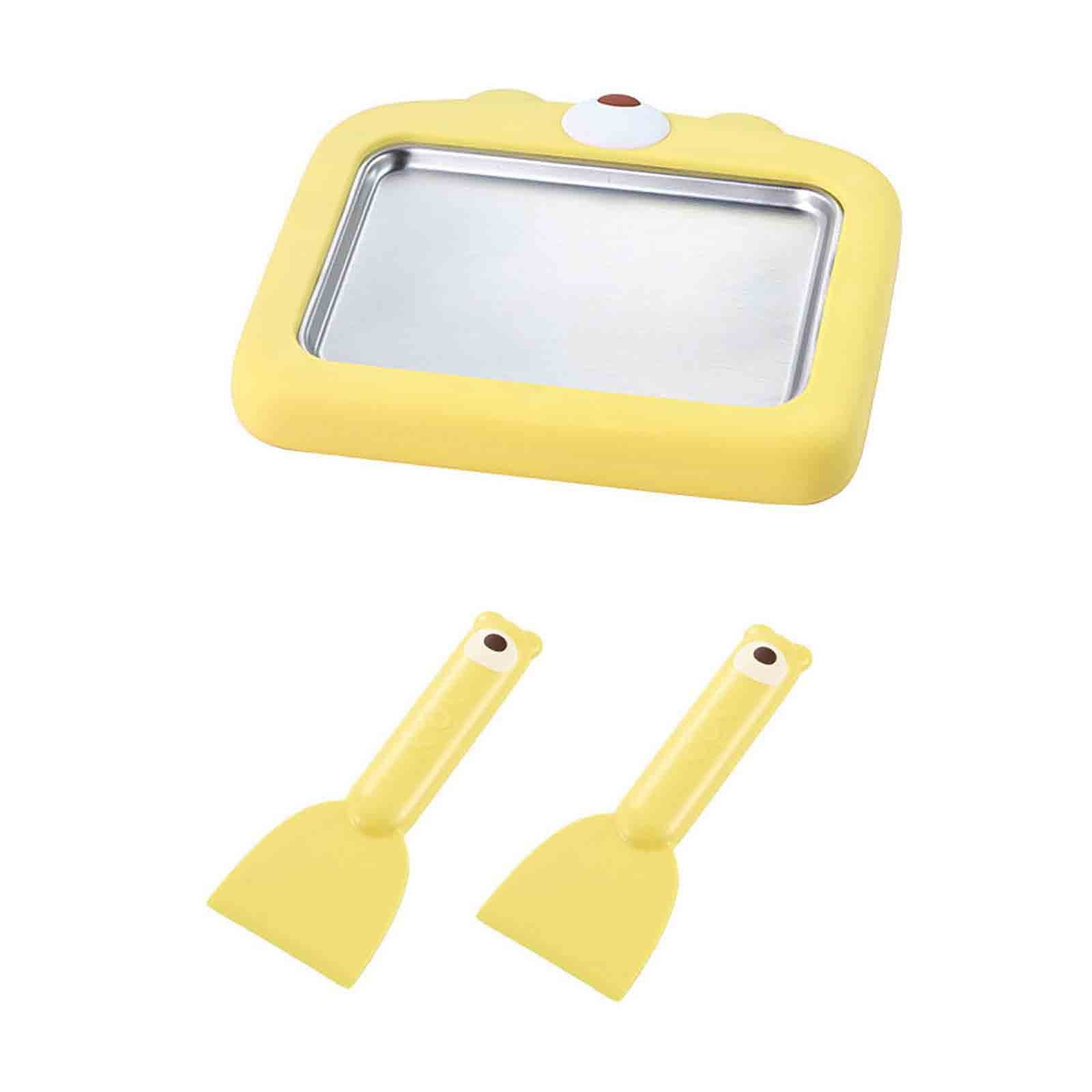 1Pack Yellow Cute Bear Instant Ice Cream Roll Maker, 9.45x8.66in No-Electric Frozen Treat Tray with 2 Scrapers, Food-Grade Homemade Frozen Yogurt & Sorbet Maker