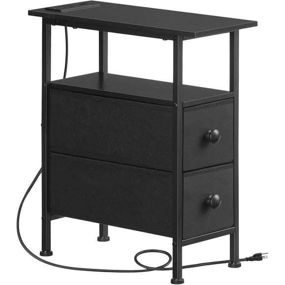 End Table with Charging Station, Narrow Side Table with 2 Fabric Drawers, Skinny Nightstand with Storage, Slim Bedside Table for Living Room, Small Spaces, Black