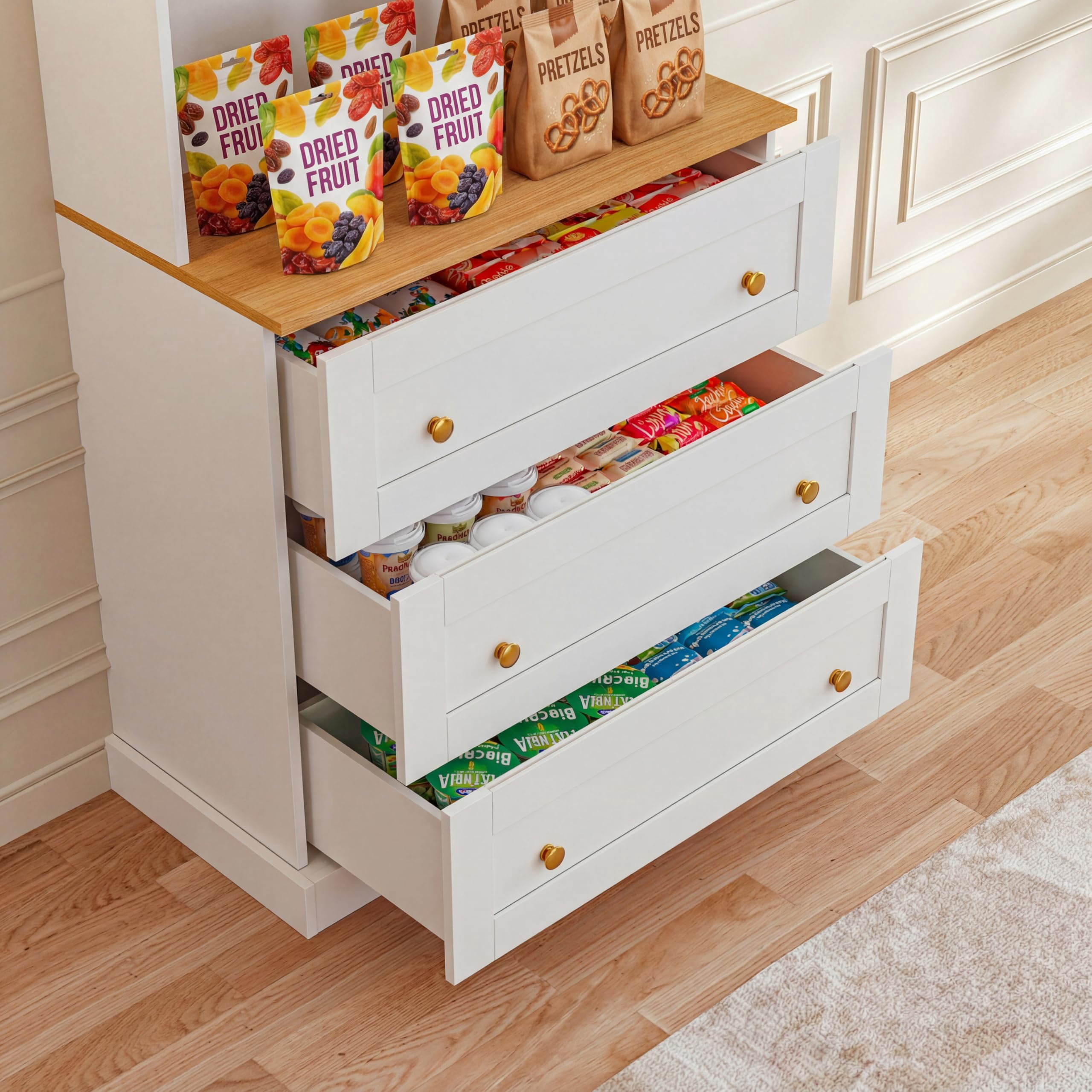 Sunix Farmhouse Kitchen Pantry Cabinet Freestanding Storage Hutch with Glass Doors, Drawers, Microwave Stand, 71 Inch, Set of 2