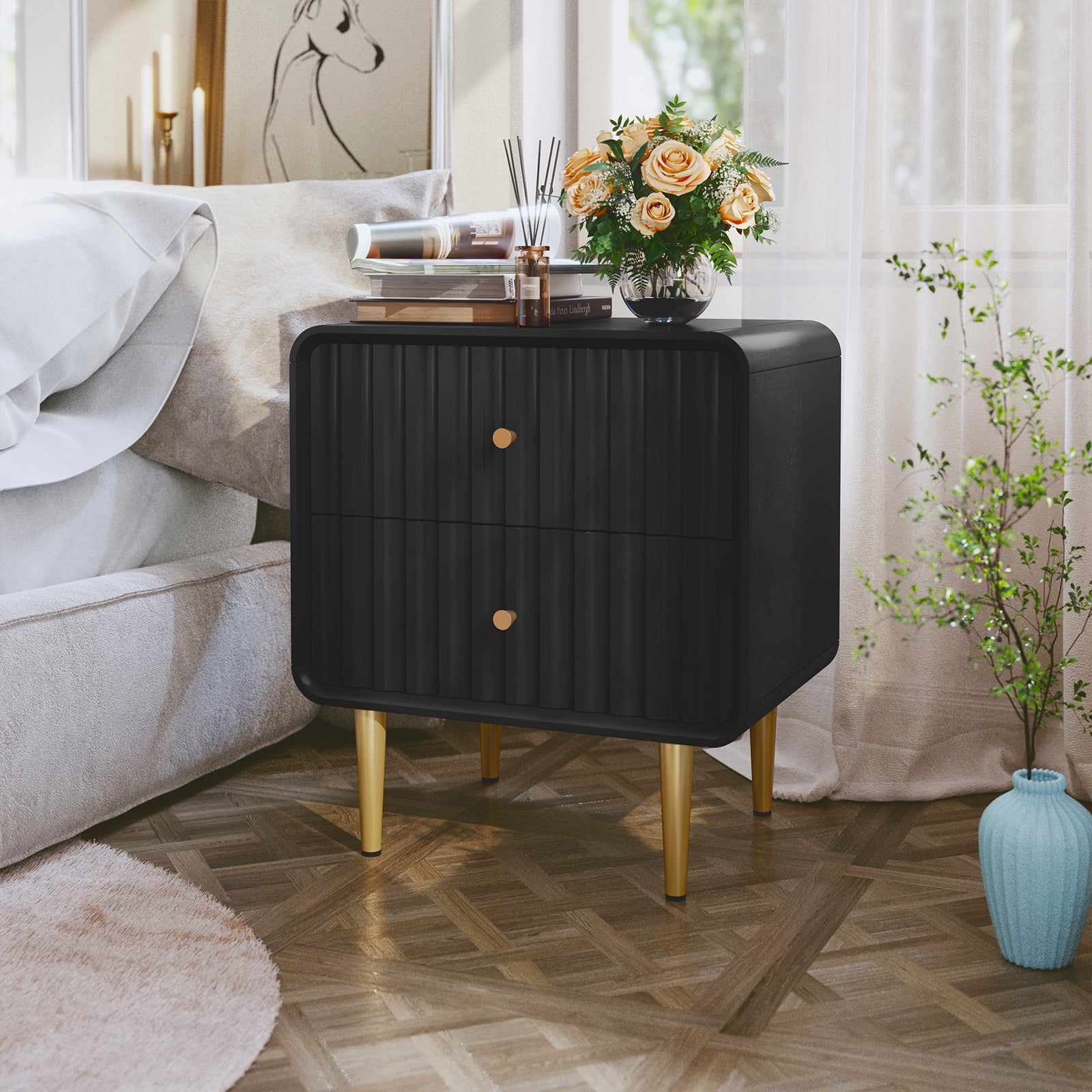 CBJCBJ Modern Bedroom Nightstand Set of 2, 20-Inch Wood Bedside Table with 2 Drawers and Gold Handles, Black
