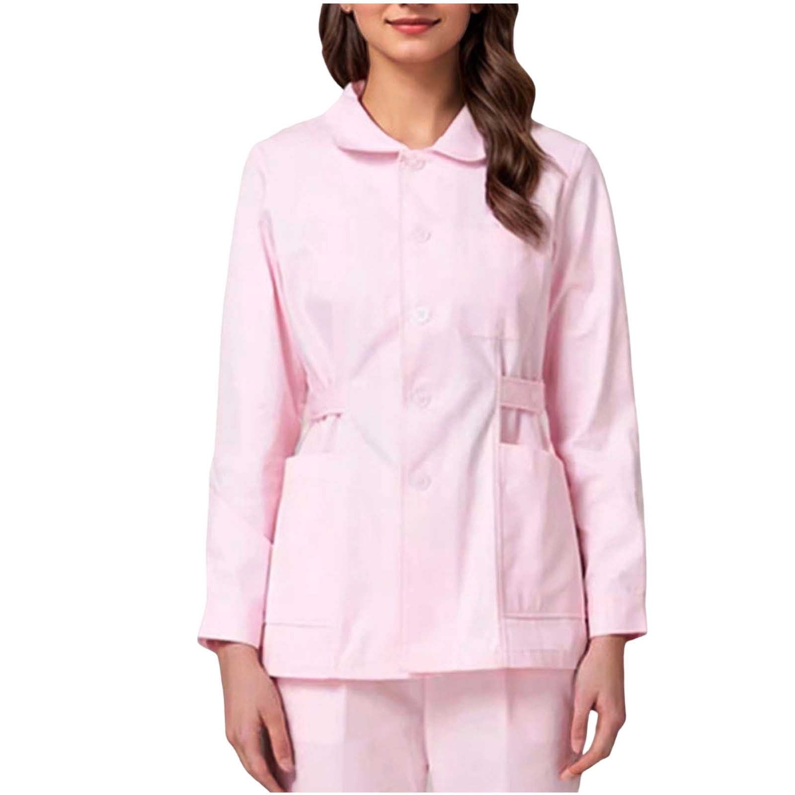 Fengactive Womens Scrub Jacket Peter Pan Collar Adjustable Waist Side Pockets Long Sleeve Work Top