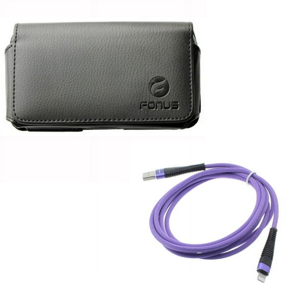 6ft USB Cable w Case Belt Clip for iPhone 8/7/6S/6 - Purple Charger Cord Power Wire Braided, Leather Swivel Holster Loops Cover for iPhone 8/7/6S/6 Models