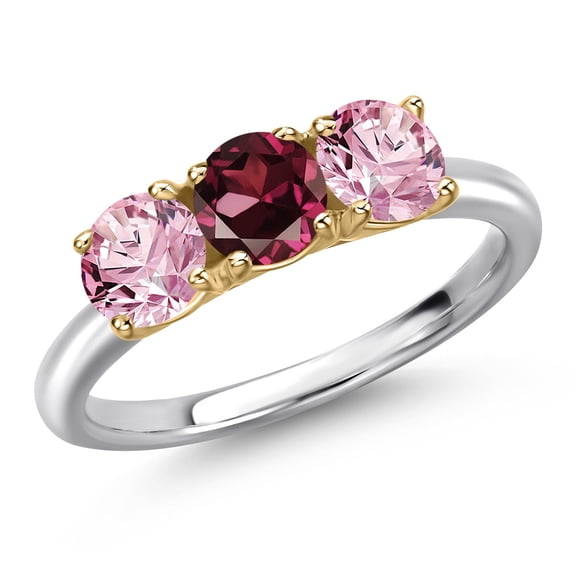 Gem Stone King 925 Silver and 10K Yellow Gold Red Rhodolite Garnet and Pink Lab Grown Diamond Engagement Ring for Women | 1.60 Cttw | Round 5MM | Gemstone January Birthstone | Size 7