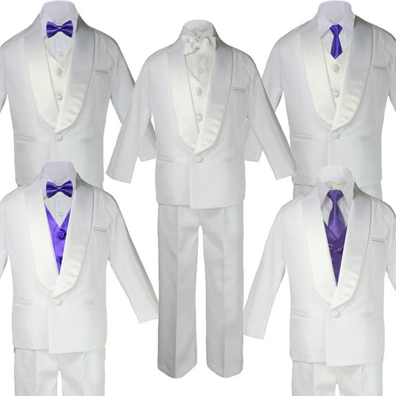Baby Teen White Satin Shawl Lapel Suits Tuxedo PURPLE Satin Bow Necktie Vest