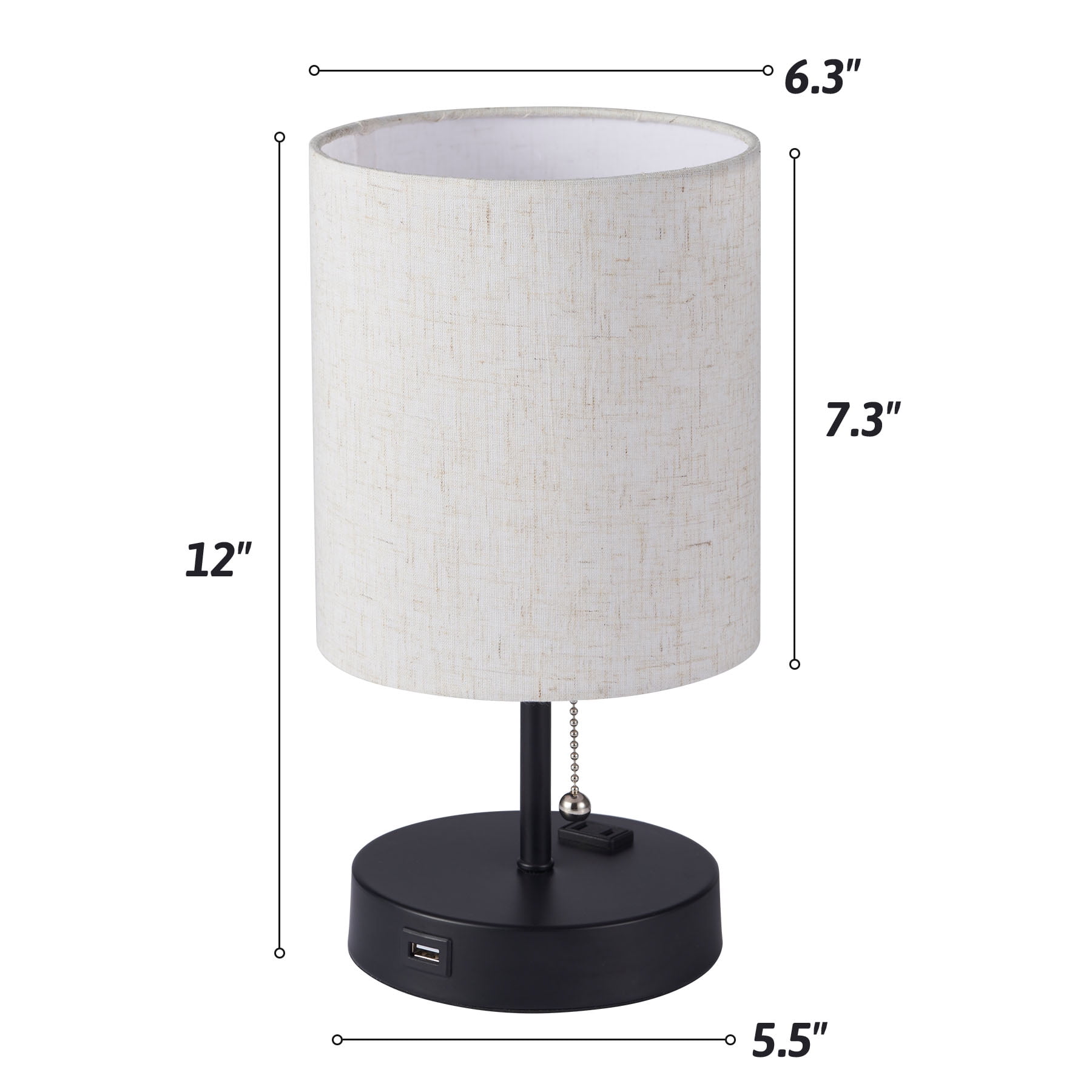 Wayshire Modern End Table and Side Table Lamp with USB Port & Outlet, Drum Shade, Black