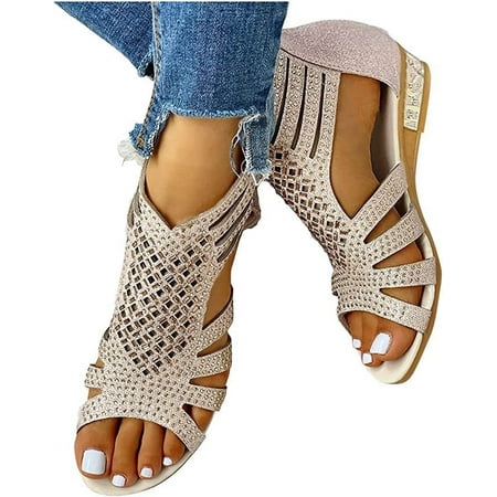 Women s Sandals  Comfort Walking Shoes  Non Slip Jeweled Bohemian Weight Slingback Flats Sandal  Summer Rhinestone Gladiator Flat Shoe  Open Toe Beach Summer Comfy Travel Shoes(Beige 6)
