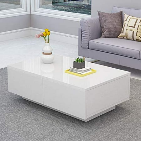 Restore Teak Table Yosoo Glossy White Modern Coffee Table with 4 Storage Drawers,Rectangle Wood Tea Table Easy Assembly Furniture for Living Room Office Home Cocktail Table ()