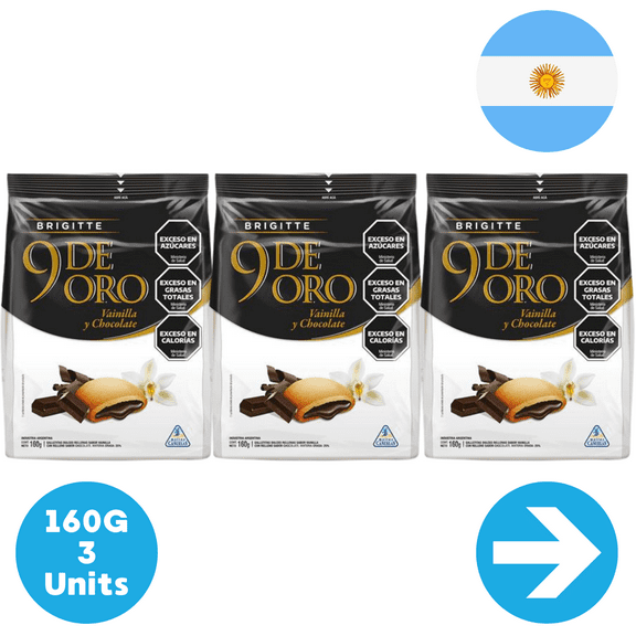 Galletitas Rellenas De Vainilla Con Chocolate 9 DE ORO 160g - 3 Units