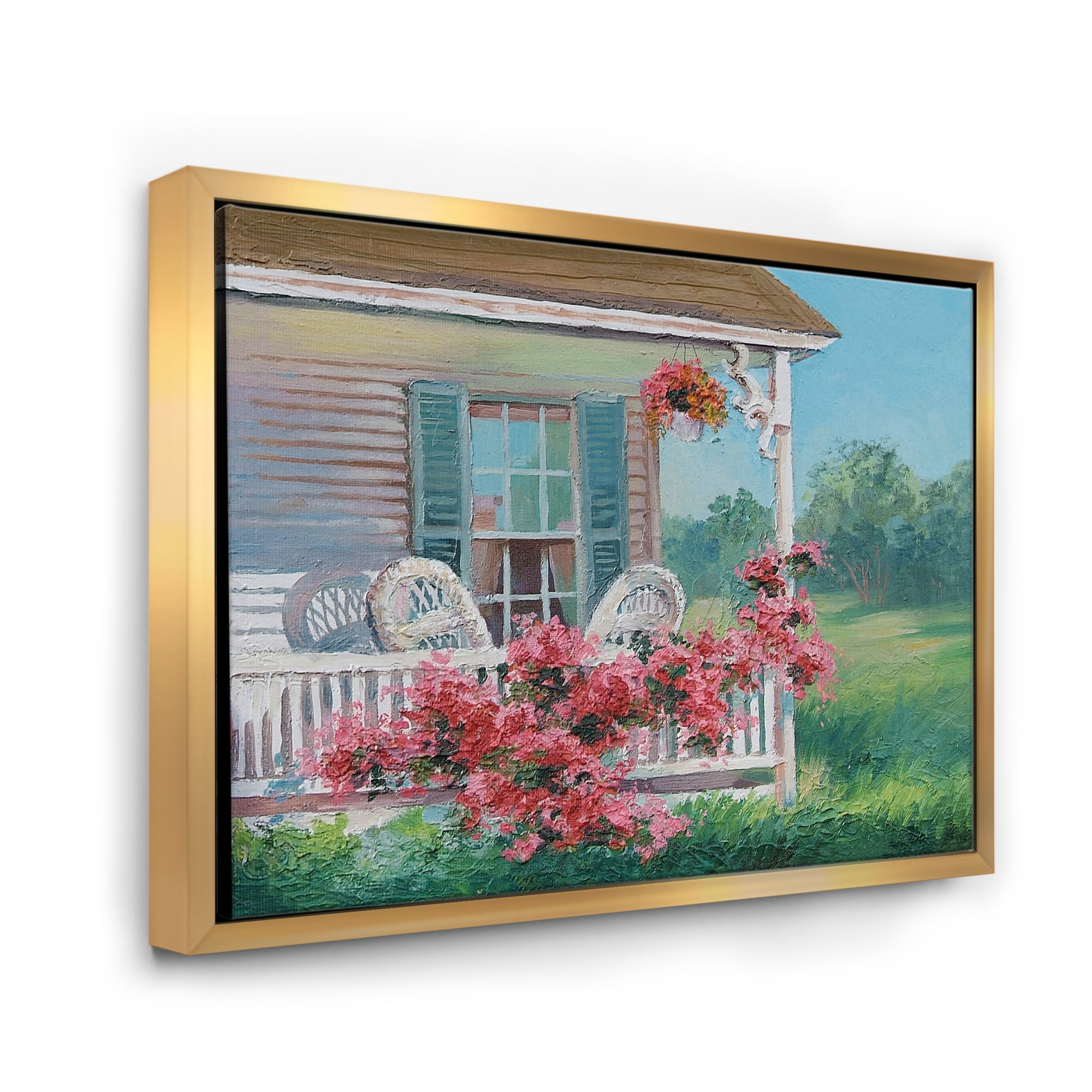 Patio & Blossiming Red Flowers With Wooden House 32 in x 16 in Framed Painting Canvas Art Print, by Designart