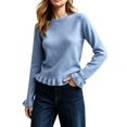 thumbnail image 2 of Women'S Solid Crew Neck Ruffle Hem Long Sleeve Knit Sweater Blue S, 2 of 8
