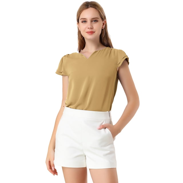 Camiseta Manga Tulipán Cuello En V Básico Para Mujer Caqui L
