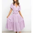 thumbnail image 4 of Wycnly Formal Dresses for Women Casual Ruffle Sleeve Tie Waist Loose Swing A Line Sundress V-Neck Short Sleeve Solid 2024 Summer Long Dress Purple XL, 4 of 6