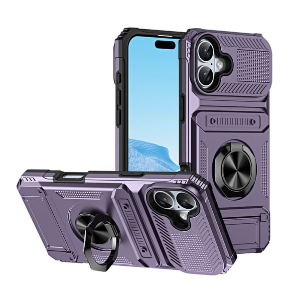Designed for iPhone 16 Plus Card Holder Case with 360°Rotatable Ring Holder Kickstand,2-Layer Heavy Duty Magnetic Car Mount Shockproof Rugged Hybrid Hard PC Soft Rubber Case For iPhone 16 Plus,Violet