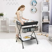 INFANS Baby Changing Table, Folding Diaper Station Portable Nursery Organizer with Safety Belt and Large Storage Racks for Newborn Baby and Infant (Black)