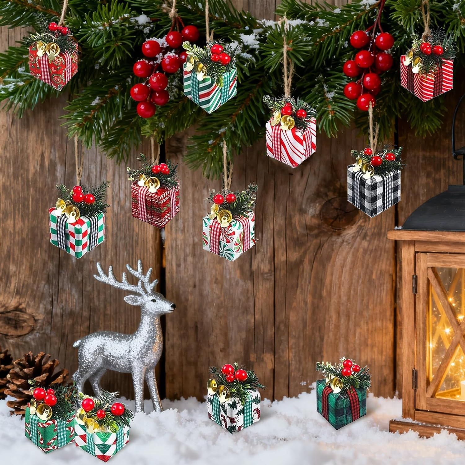 15Pcs Christmas Tree Mini Gift Boxes Christmas Tree Hanging Decorations with Bells Christmas Indoor and Outdoor Ornaments Festive Decoration