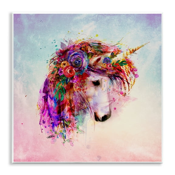 Stupell Industries Abstract Unicorn with Florals Fantasy & Sci-Fi Painting Unframed Art Print Wall Art, 12 x 12