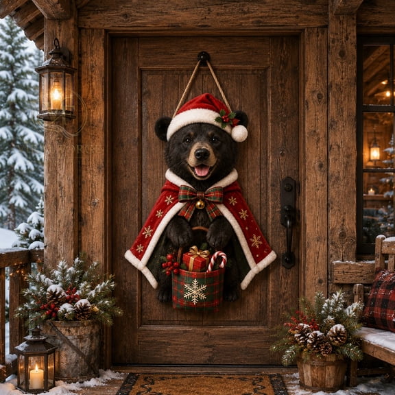 Black Bear Christmas Door Sign, Entryway Welcome Decor for Holiday Home